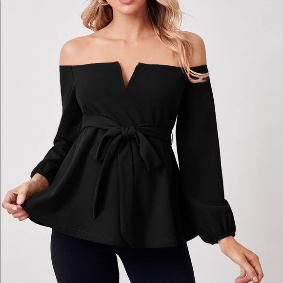 MATERNITY Red Burgundy off shoulder belted blouse - Picture 10 of 10